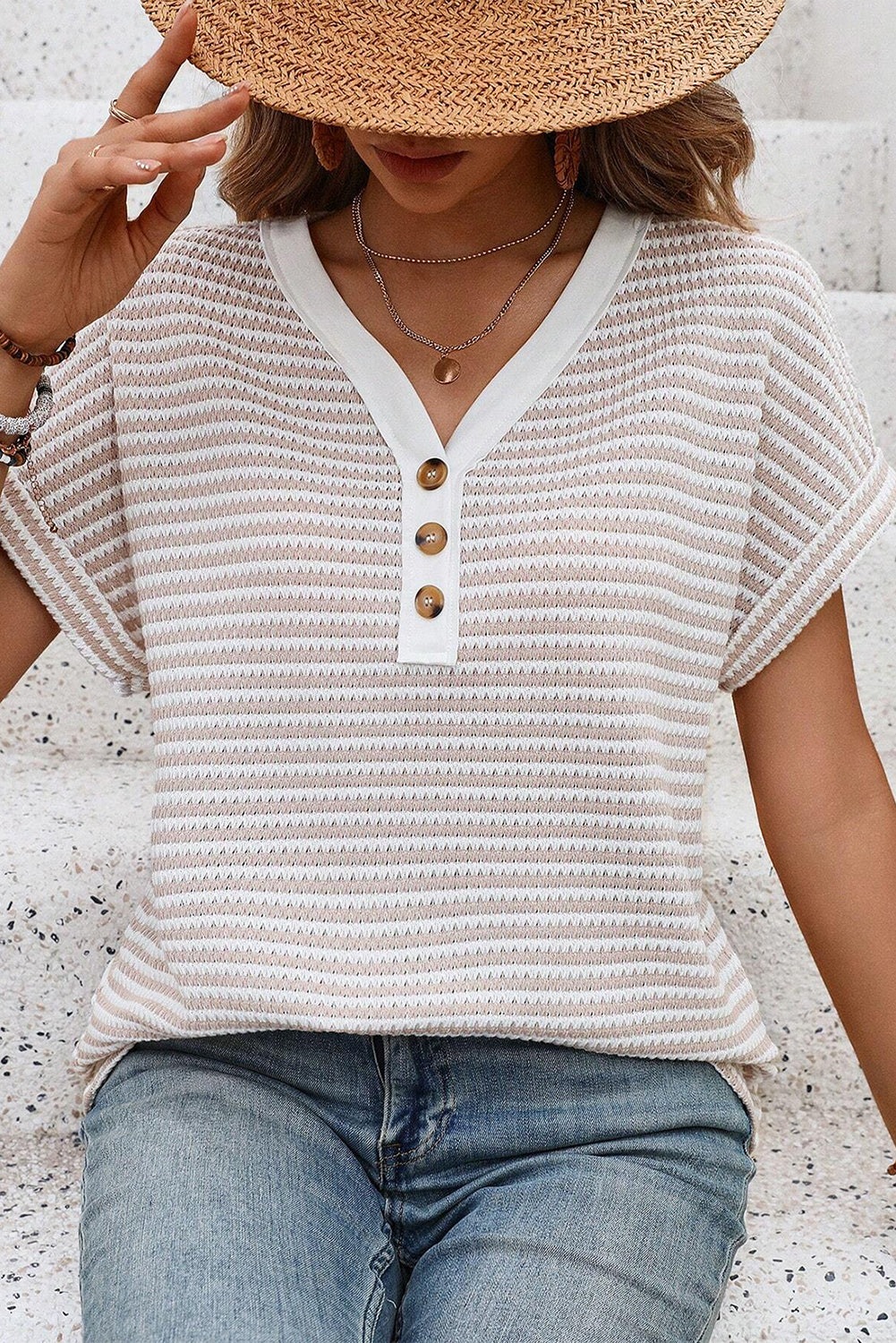 Khaki Striped Button Front V Neck Knitted Women's Top