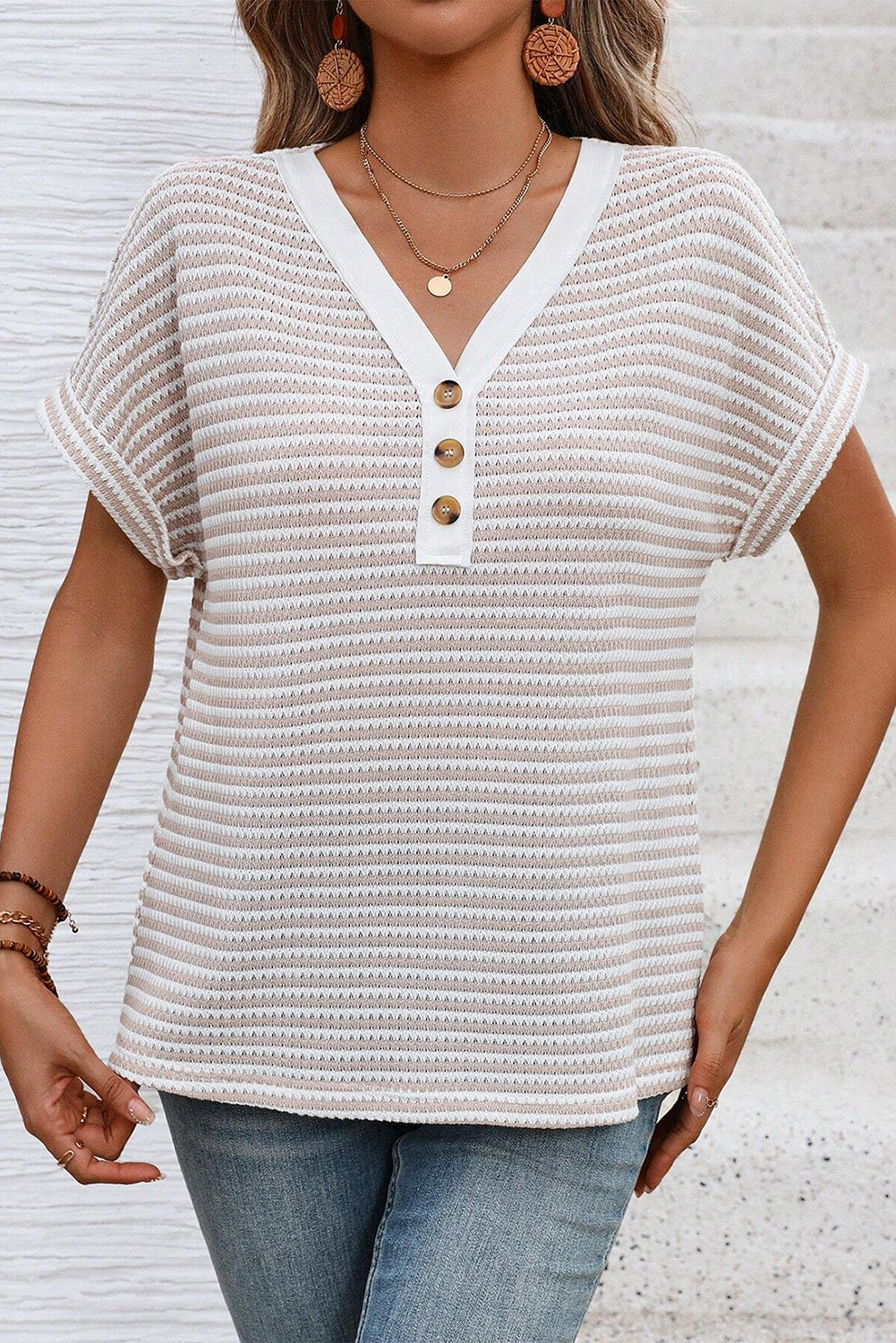 Khaki Striped Button Front V Neck Knitted Women's Top