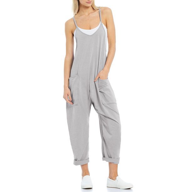 Women's Knitted One-Piece Trousers with Pocket and Spaghetti Straps