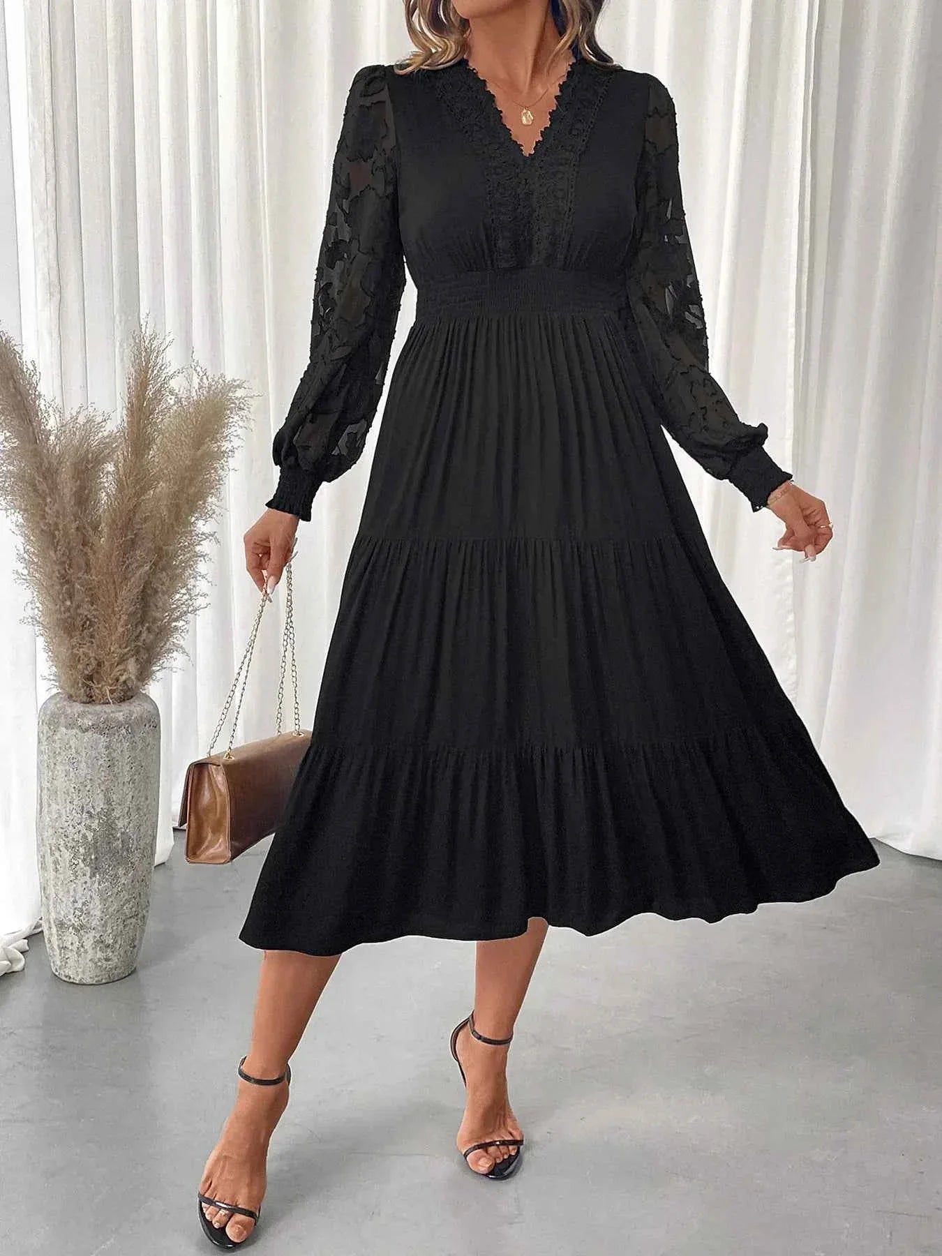 Lace Detail Lantern Sleeve Tiered Dress