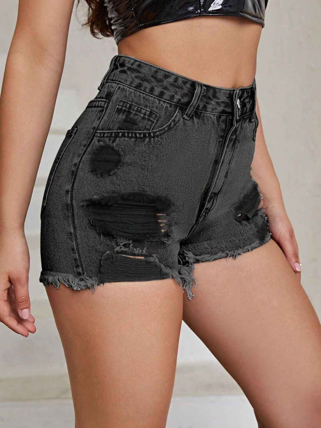 Distressed High Rise Denim Shorts with Raw Hem