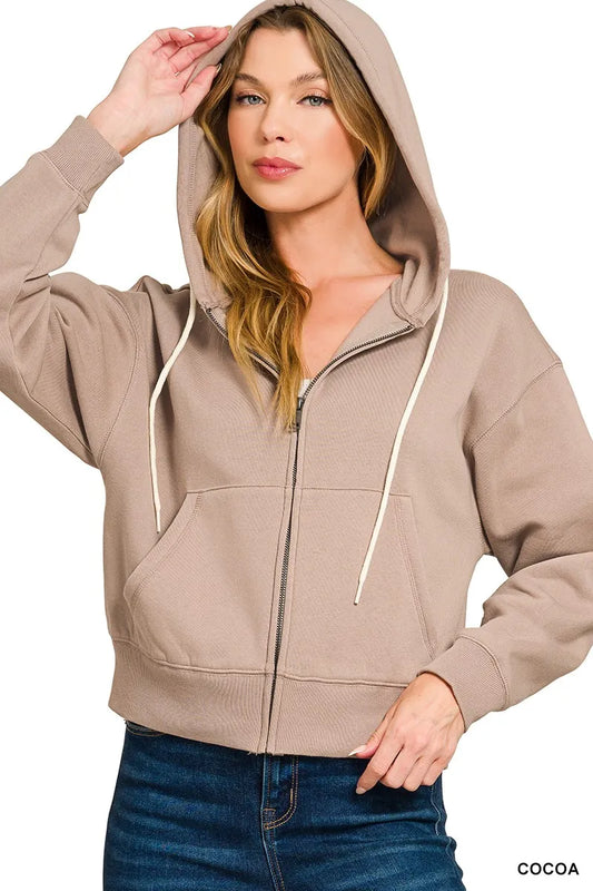 Fleece Cropped Zip-up Hoodie with Pockets