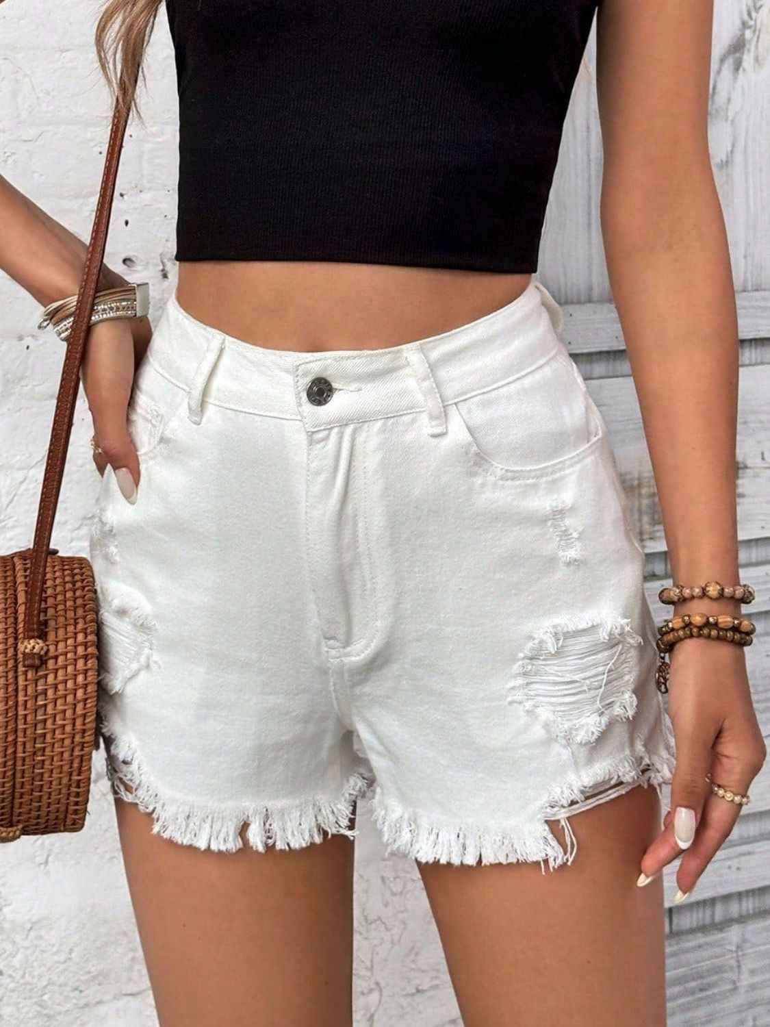 Distressed High Rise Denim Shorts with Raw Hem
