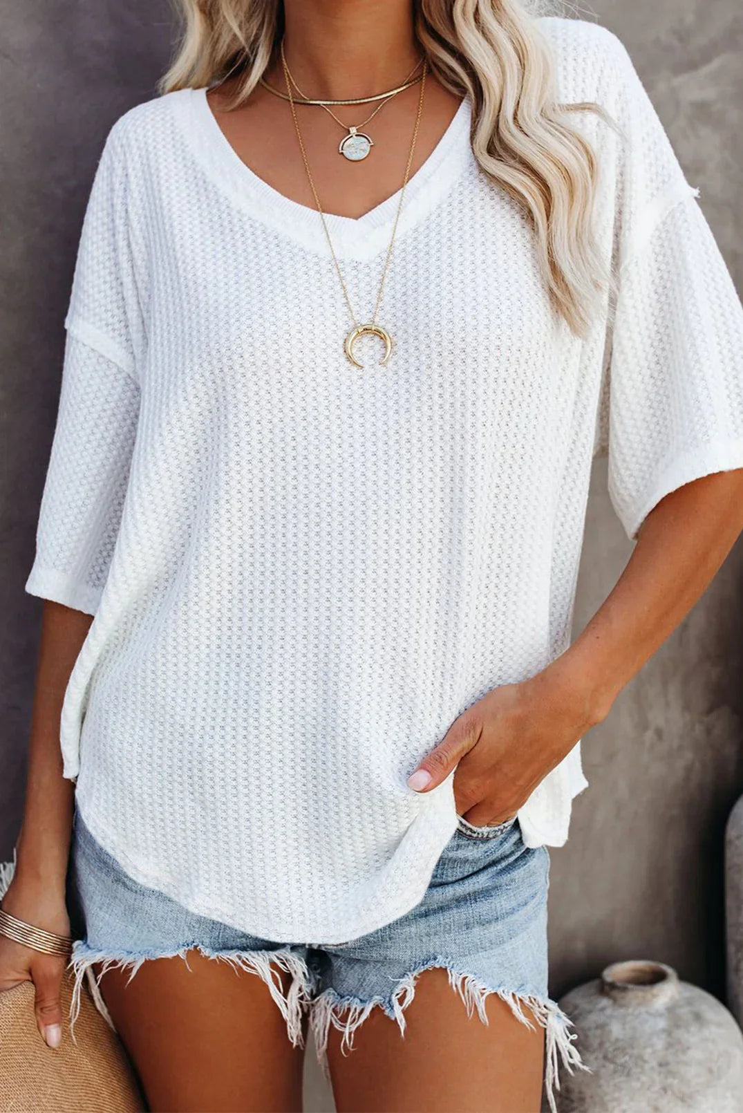Blue Exposed Seam Drop Sleeve V Neck Waffle Textured Top