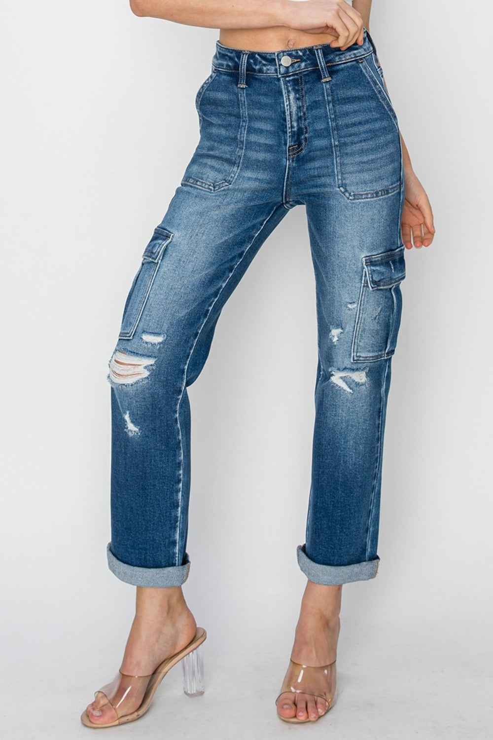 RISEN High Rise Cargo Jeans Full Size Ankle Roll Up Straight Women’s Jeans