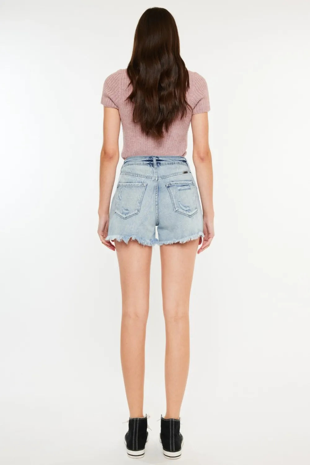 Distressed High Waist Denim Shorts with Pockets