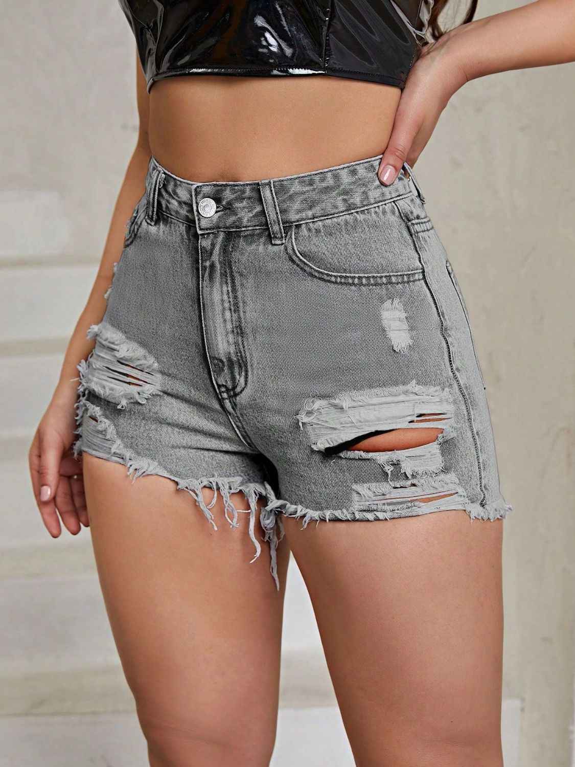 Distressed High Rise Denim Shorts with Raw Hem
