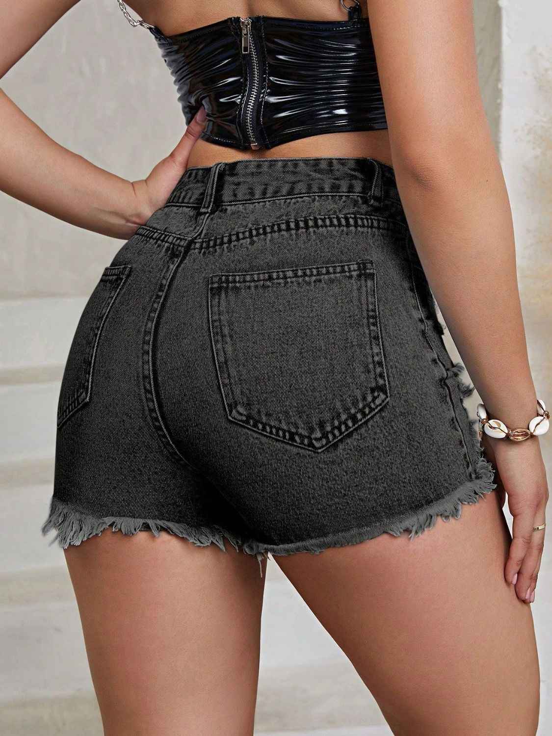 Distressed High Rise Denim Shorts with Raw Hem