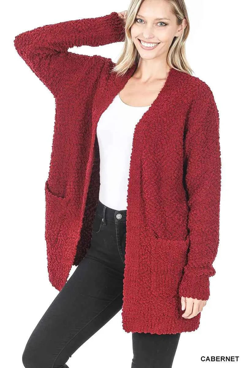 Zenana Long Sleeve Popcorn Sweater Cardigan with Pockets