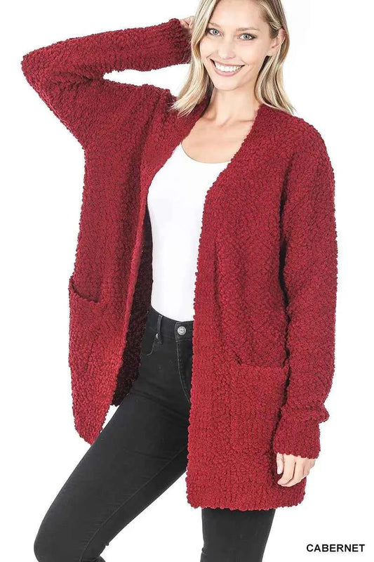 Zenana Long Sleeve Popcorn Sweater Cardigan with Pockets